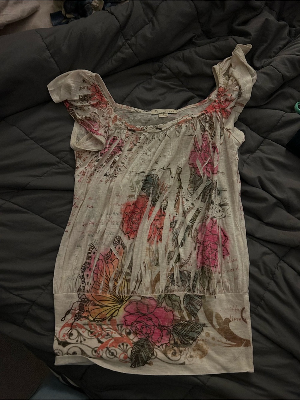 Forever 21 Ivory Tunic Top with Pink and Coral Floral Print